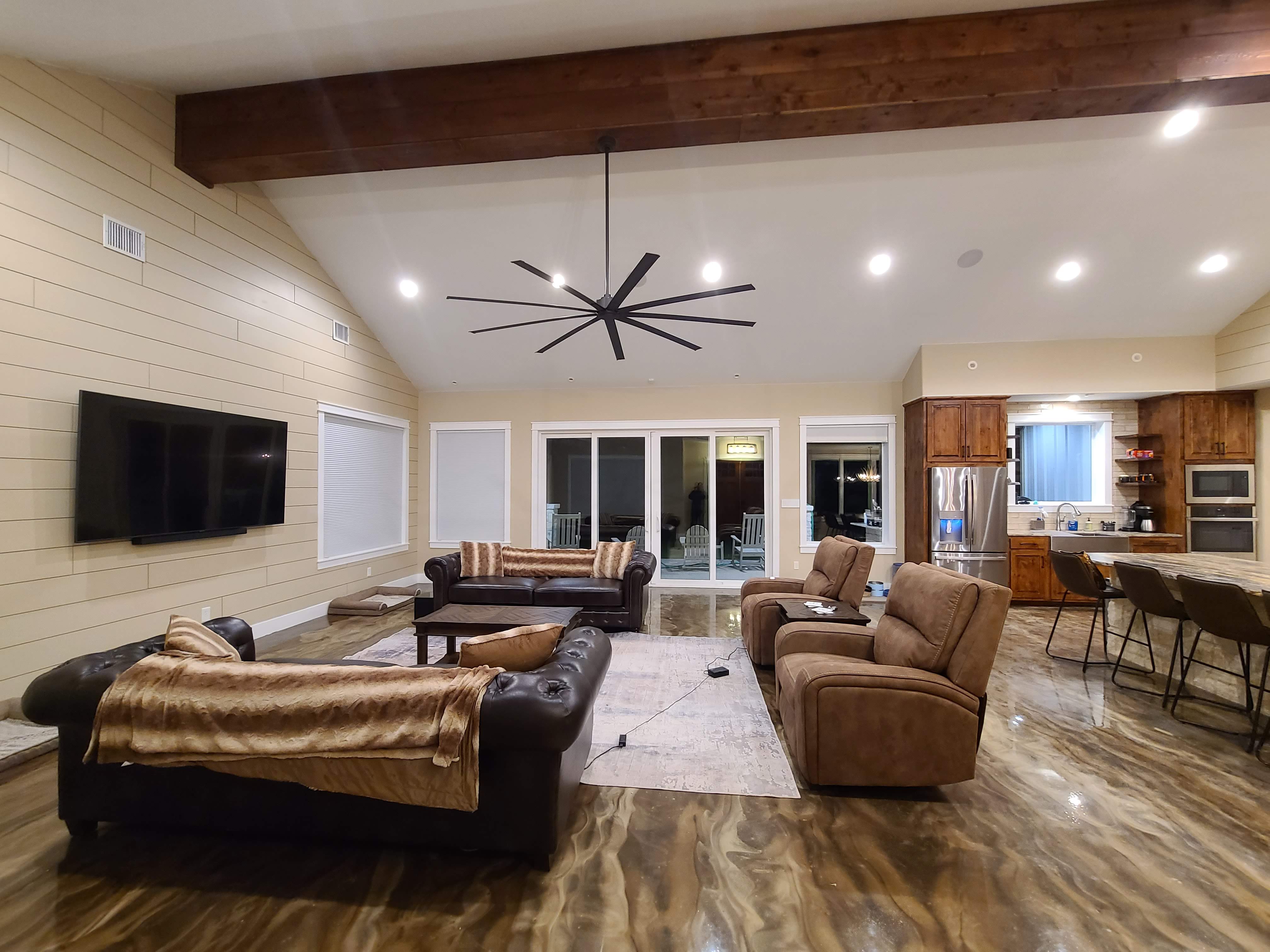 Living room shiplap kitchen view